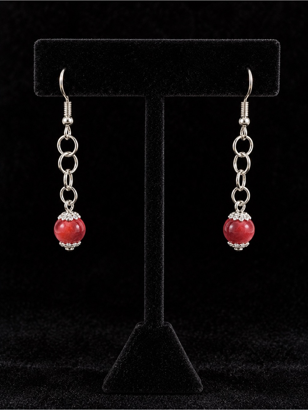 Silver Chain Drop Earrings with Rust Color Beads